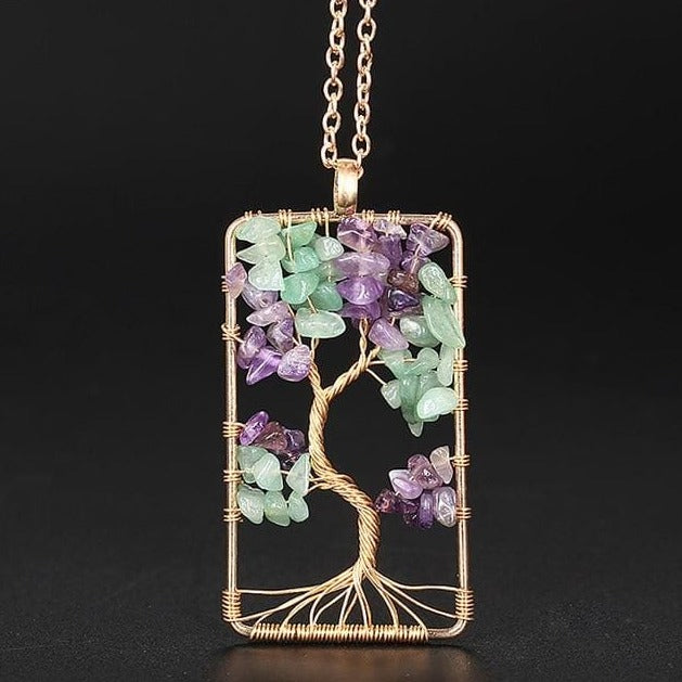 Collier Rectangulaire de lArbre de vie en Améthyste et Aventurine - Or - Collier