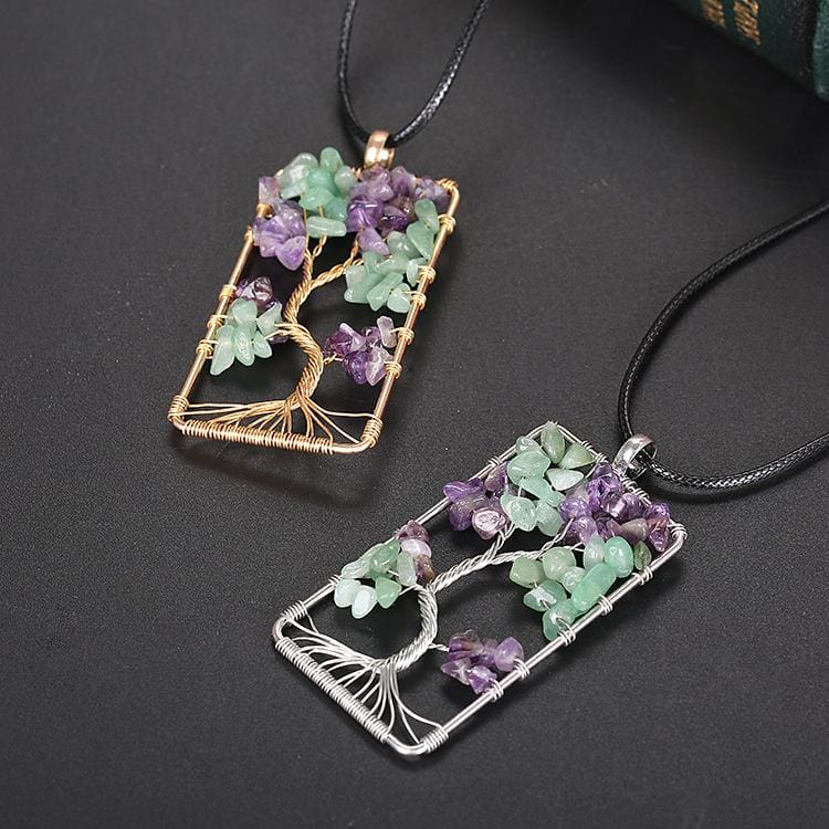 Collier Rectangulaire de lArbre de vie en Améthyste et Aventurine - Collier