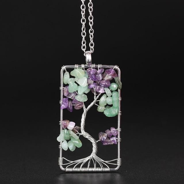 Collier Rectangulaire de lArbre de vie en Améthyste et Aventurine - Argent - Collier