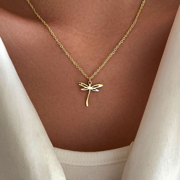 Collier Chaîne Dorée 45 Cm Avec Pendentif Libellule 12x11 Mm, Acier Inoxydable Hypoallergénique
