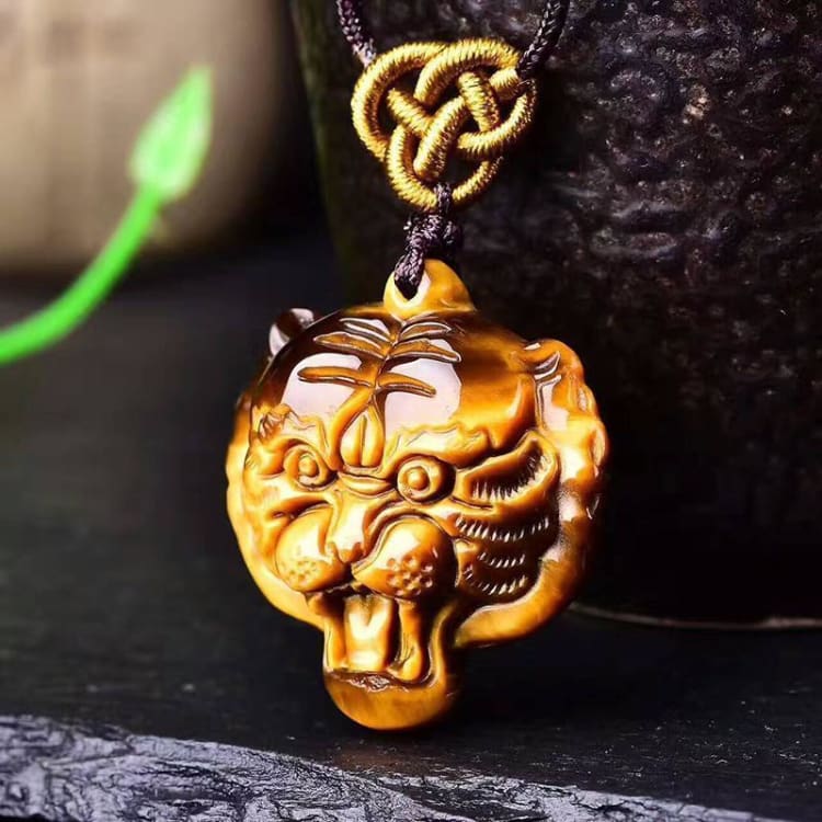 Collier Tressé Avec Pendentif Tigre En Oeil De Tigre - Collier