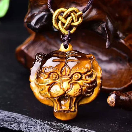 Collier Tressé Avec Pendentif Tigre En Oeil De Tigre - Collier