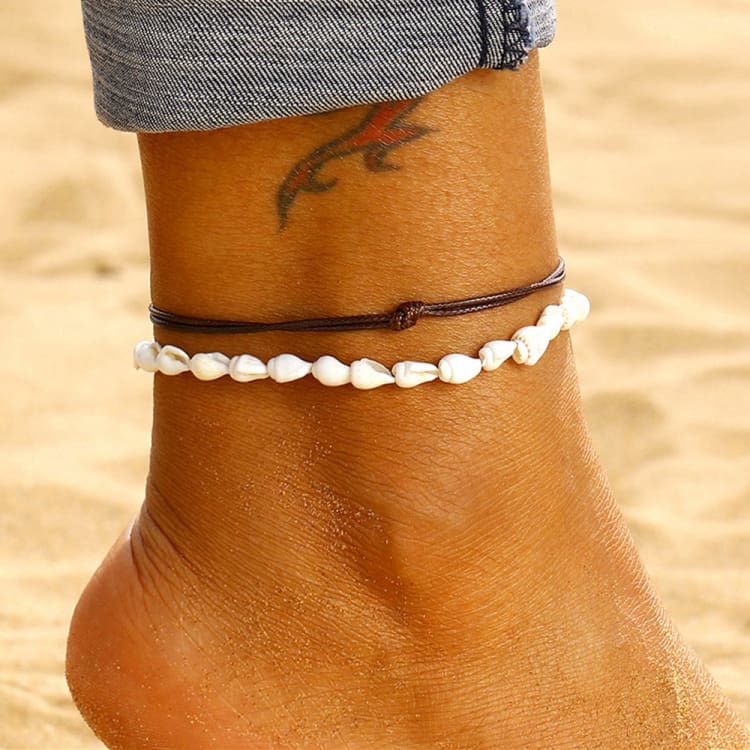 Ensemble bracelet de cheville coquillage et simili cuir - Bracelet