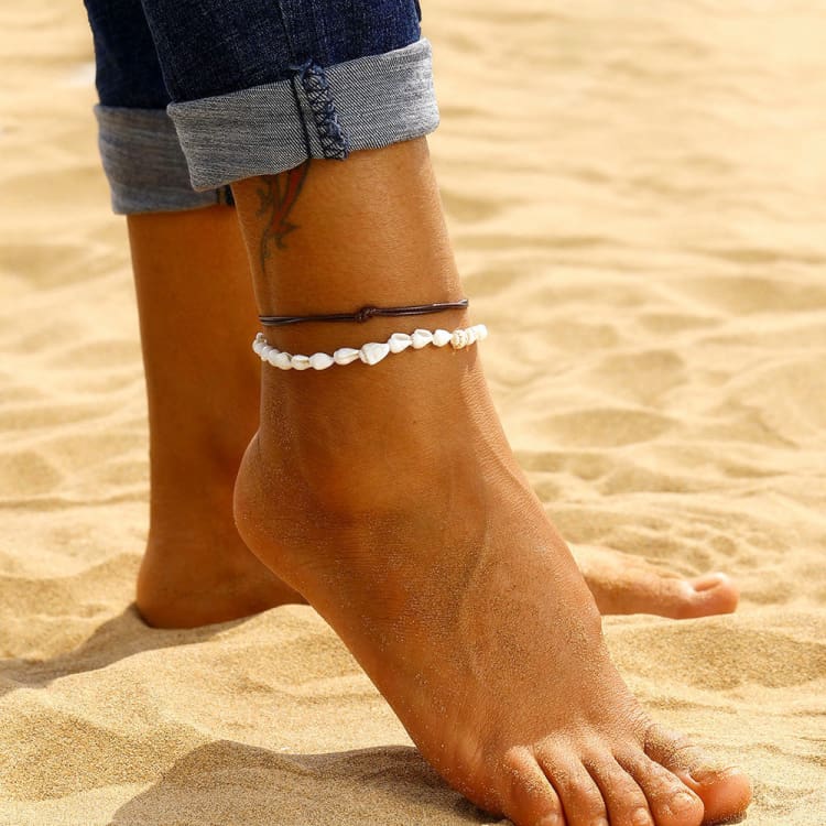 Ensemble bracelet de cheville coquillage et simili cuir - Bracelet
