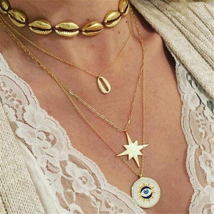 Bohemian Golden Shell Clavicle Chain Hexagon Star Evil Eye Pendant Necklace Female Yangguan Beach Surfing Jewelry Accessories