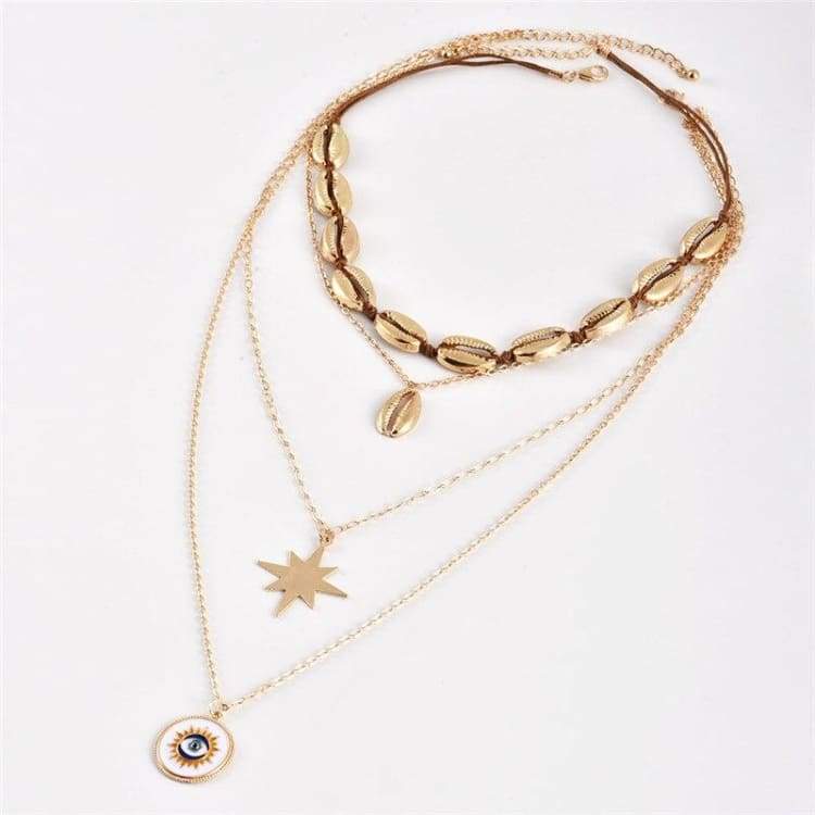 Bohemian Golden Shell Clavicle Chain Hexagon Star Evil Eye Pendant Necklace Female Yangguan Beach Surfing Jewelry Accessories