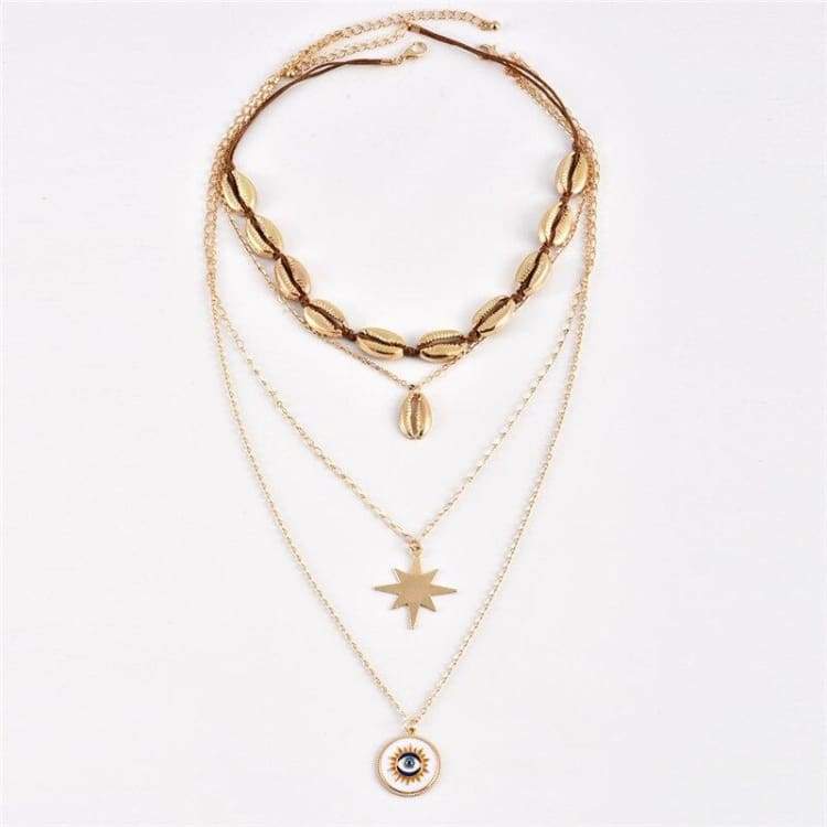 Bohemian Golden Shell Clavicle Chain Hexagon Star Evil Eye Pendant Necklace Female Yangguan Beach Surfing Jewelry Accessories