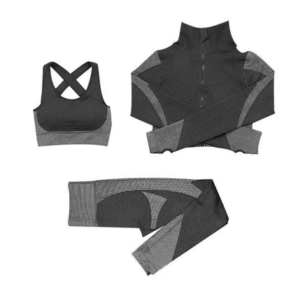 Ensemble de Yoga 3 pièces sans coutures noir et gris - L