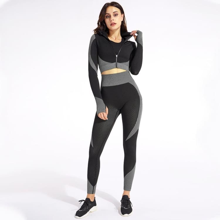 Ensemble de Yoga 3 pièces sans coutures noir et gris Image