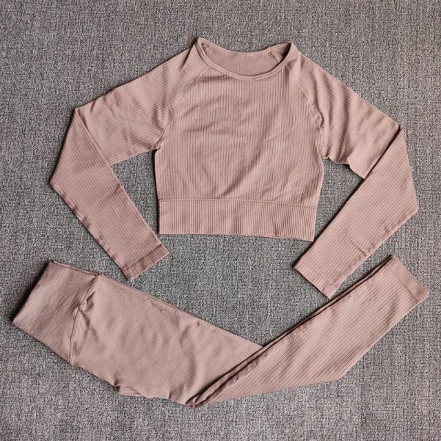 Ensemble de Yoga sans coutures Rose pale - ShirtsPantsBrown / L(62-75KG)