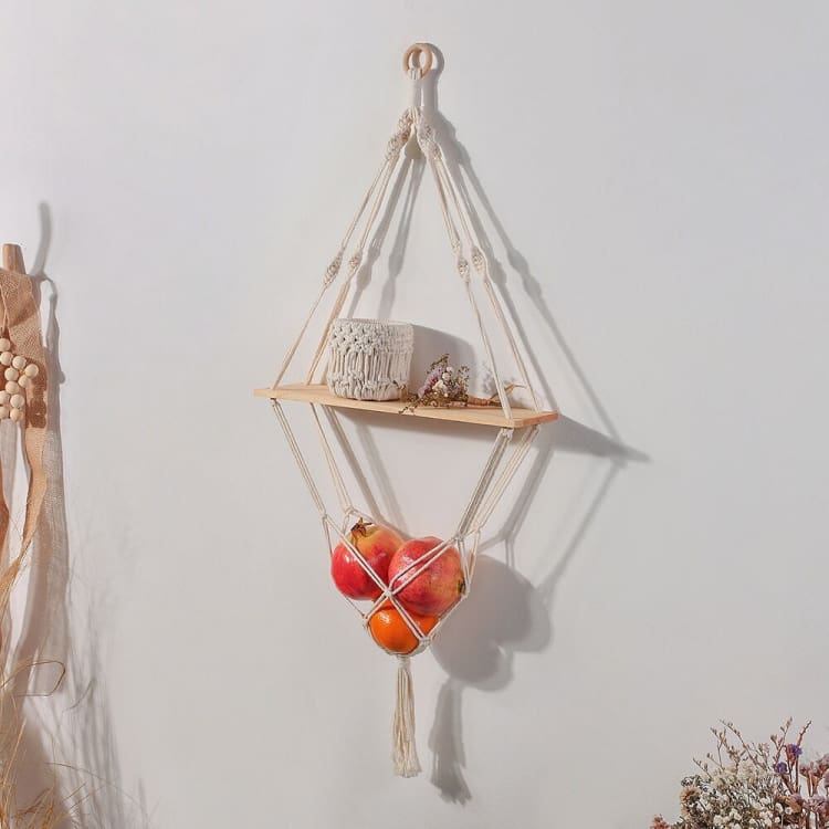 Etagère murale Zen en bois et macramé - Losange