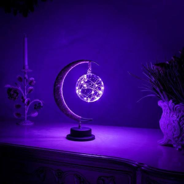 Lampe lune en corde de chanvre. - Violet abyssal