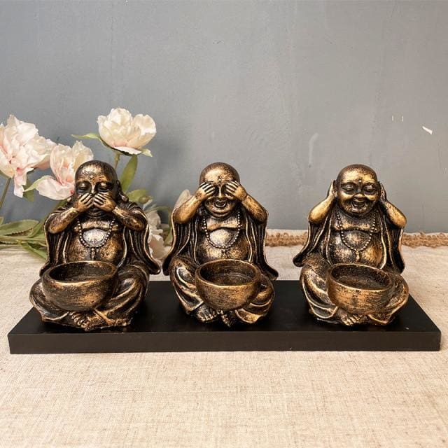 Lot de 3 bougeoirs ’ la sagesse de Bouddha ’ - gold with base