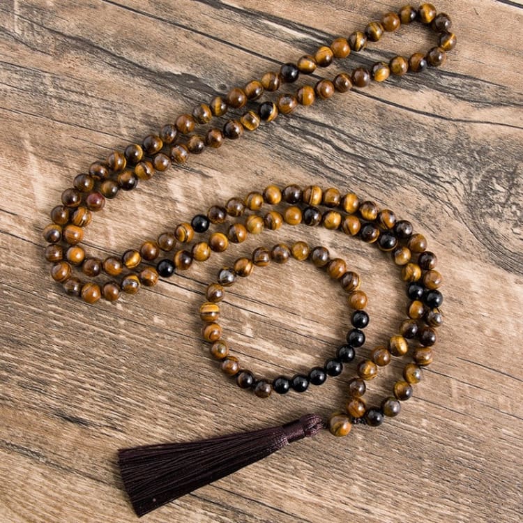 Parure collier et bracelet en œil de tigre et onyx