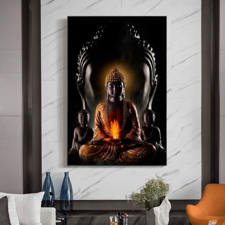 Tableau Bouddha en méditation, clair-obscur aux tons dorés
